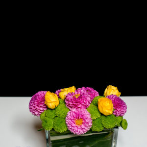 Pink Dahlia, yellow rose and button mums